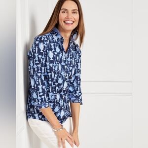 NWT Talbots Non-Iron Perfect Shirt 4p Button-Up Blue Navy Stretch Cotton Print